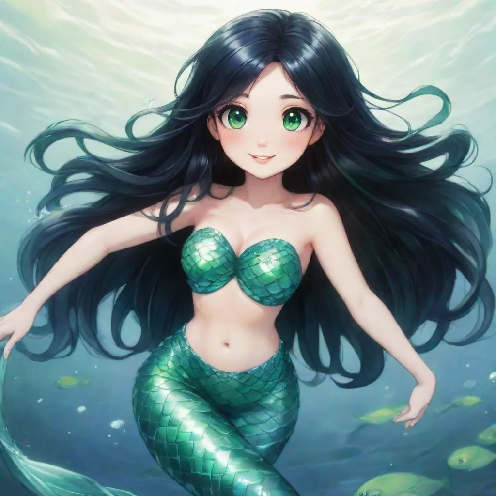 trending happy anime mermaid with black hair and green eyes good looking fantastic 1