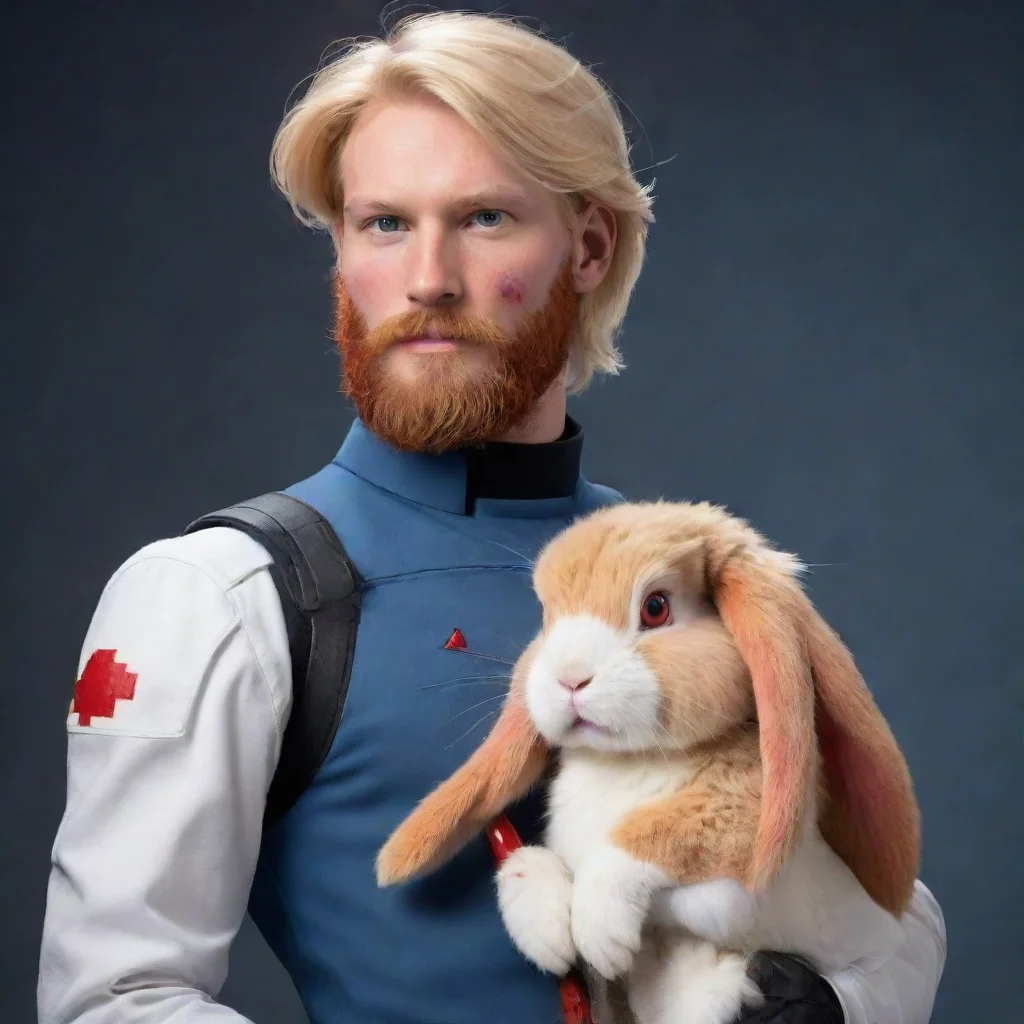 aitrending human bearded blonde swedish space soldier man holding a bloody anthro furry redhead tomboy rabbit cartoon good looking fantastic 1