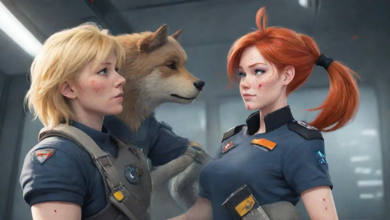 aitrending human blonde bearded man swedish space soldier holding a bloody female anthro furry tomboy redhead woman cartoon good looking fantastic 1 widescreen