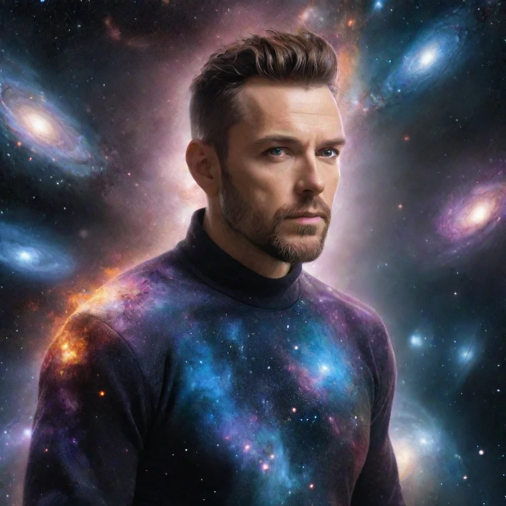 aitrending hyperrealistic man in universe with galaxies and intense elemental life good looking fantastic 1