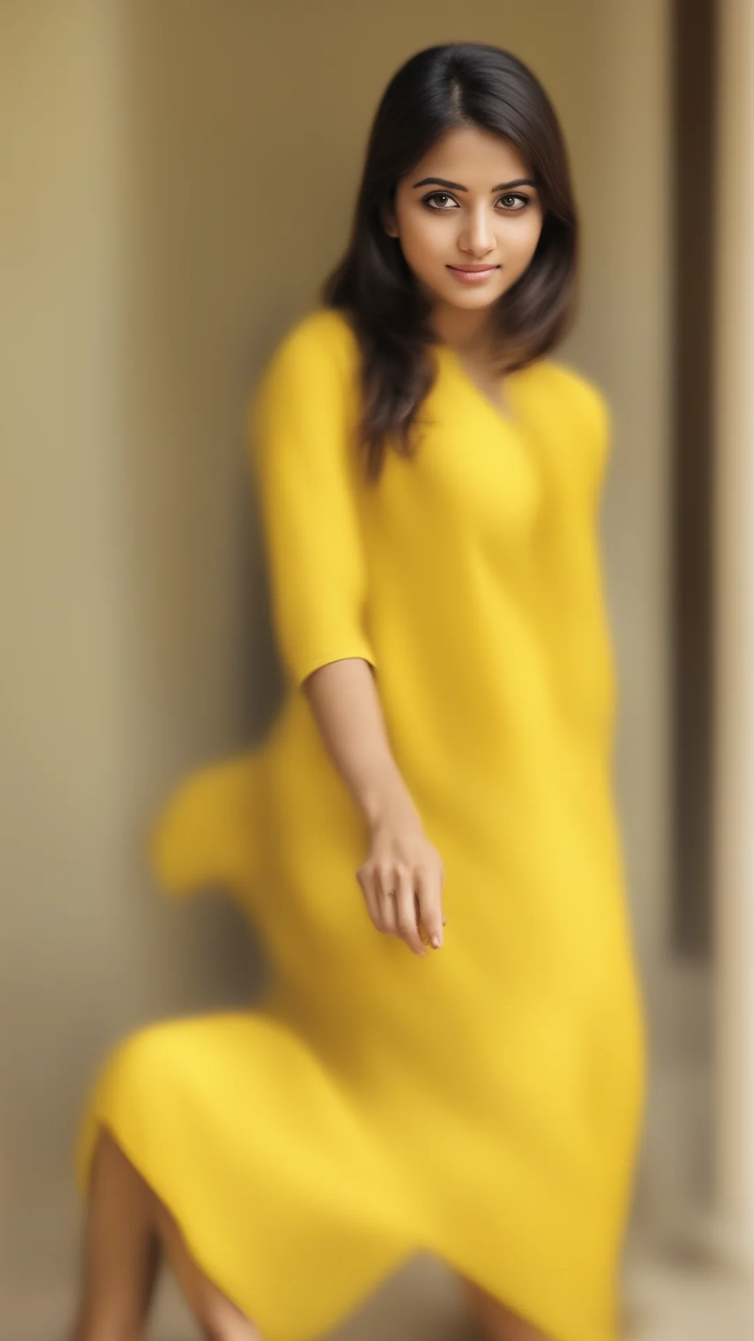 trending indian girl wearing cotton yellow kurta and spreading her legs  good looking fantastic 1 tall