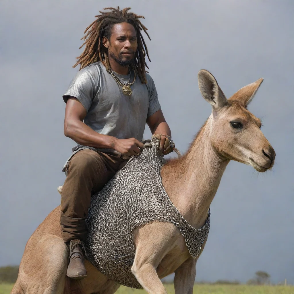 aitrending jamaicanman with dreadlocks and chainmail riding a kangaroo good looking fantastic 1