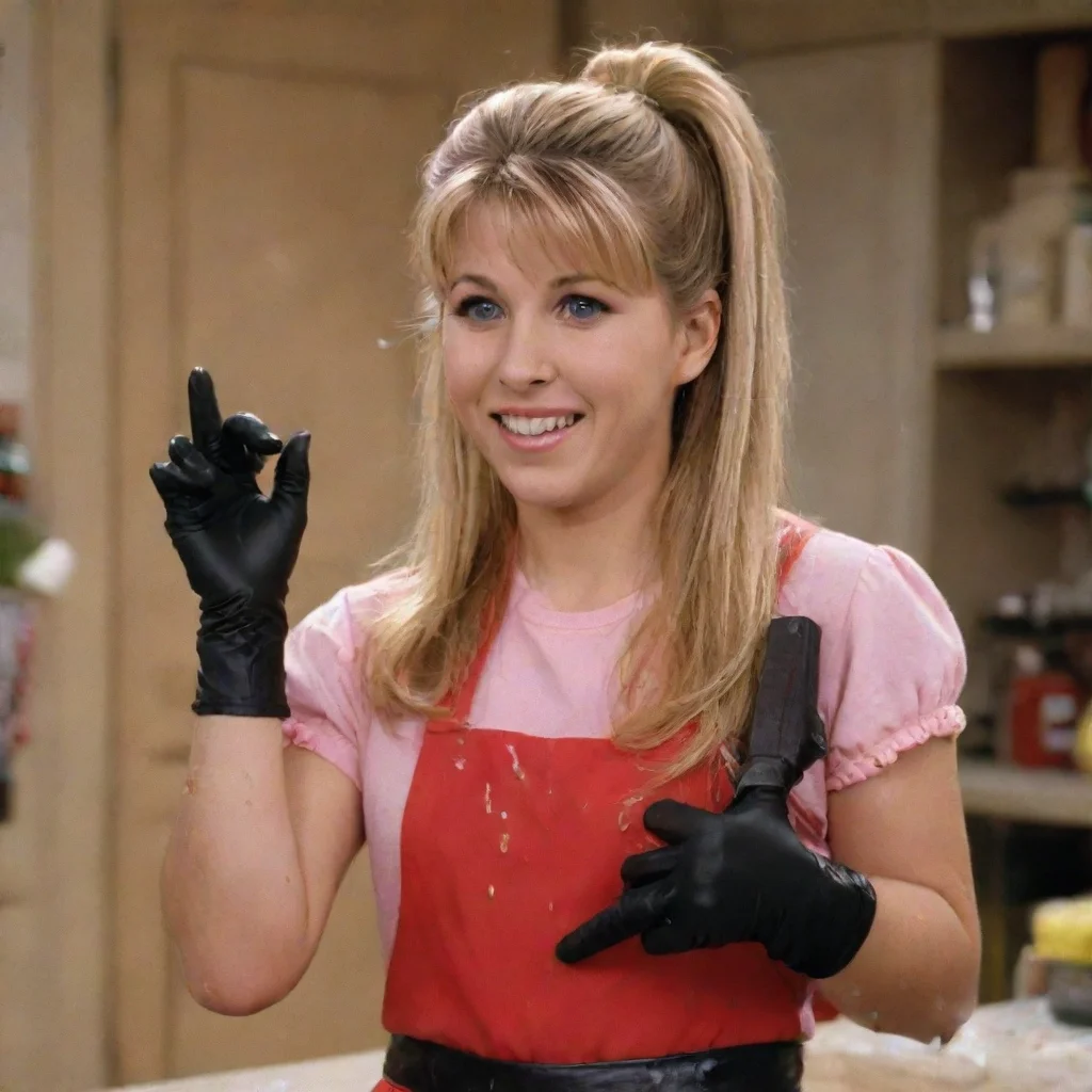 trending jodie sweetin as stephanie tanner from full house smiling with black nitrile gloves and gun and mayonnaise splattered everywhere good looking fantastic 1