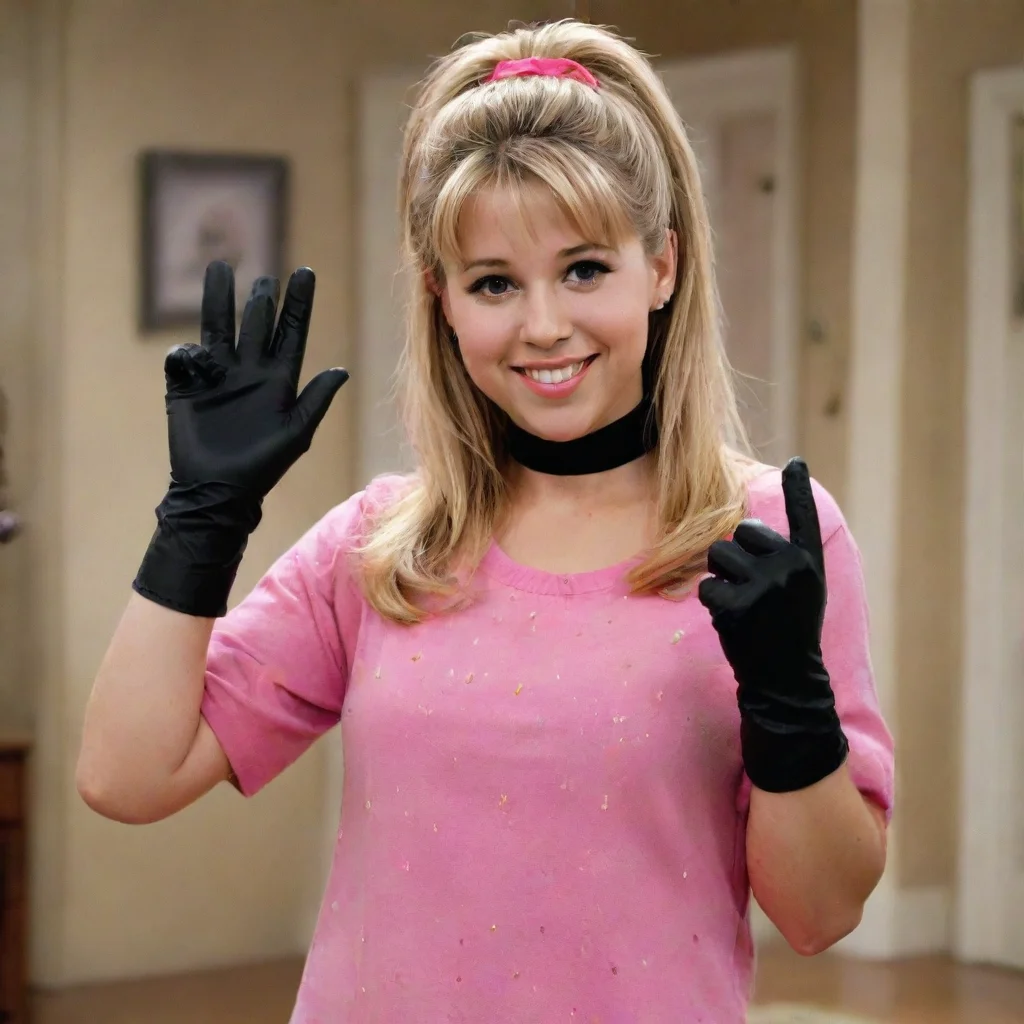 trending jodie sweetin as stephanie tanner from full house smiling with black ultra nitrile gloves and gun and mayonnaise splattered everywhere good looking fantastic 1
