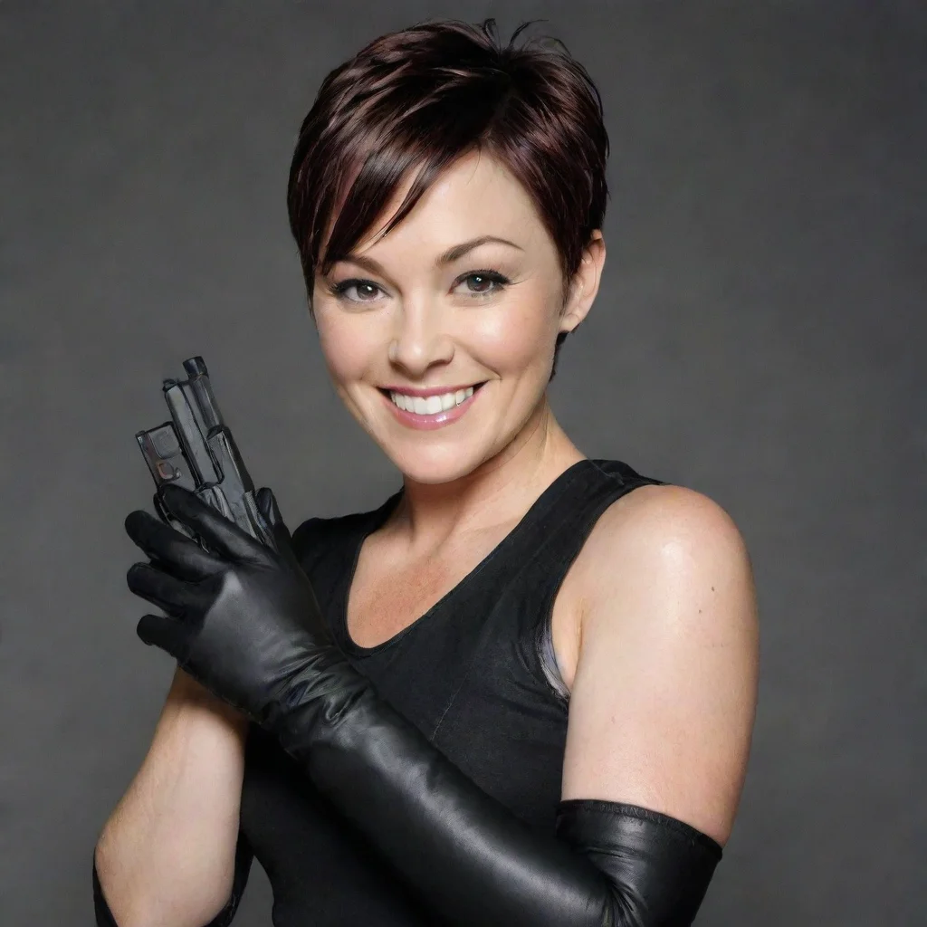 trending kim rhodes actress smiling with black gloves and gun hd good looking fantastic 1
