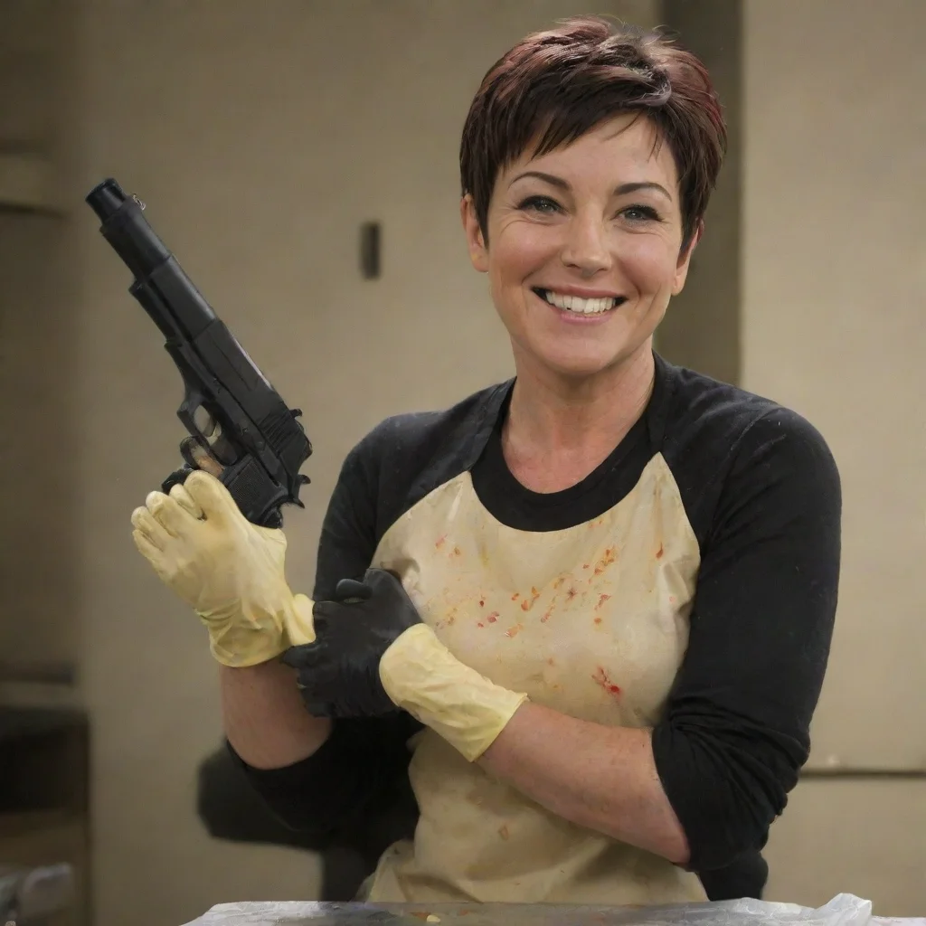 trending kim rhodes as carey martin smiling with nitrile gloves and gun and mayonnaise splattered everywhere good looking fantastic 1