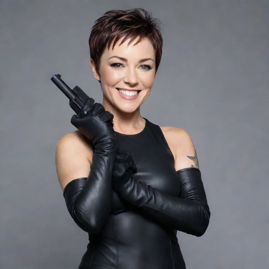 trending kim rhodes smiling with black gloves and gun  good looking fantastic 1