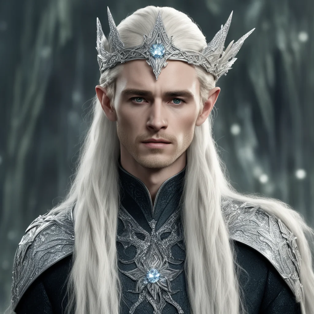 trending king thranduil with blond hair and braids wearing silver flower serpentine sindarin elvish circlet encrusted with diamonds with large center diamond  good looking fantastic 1