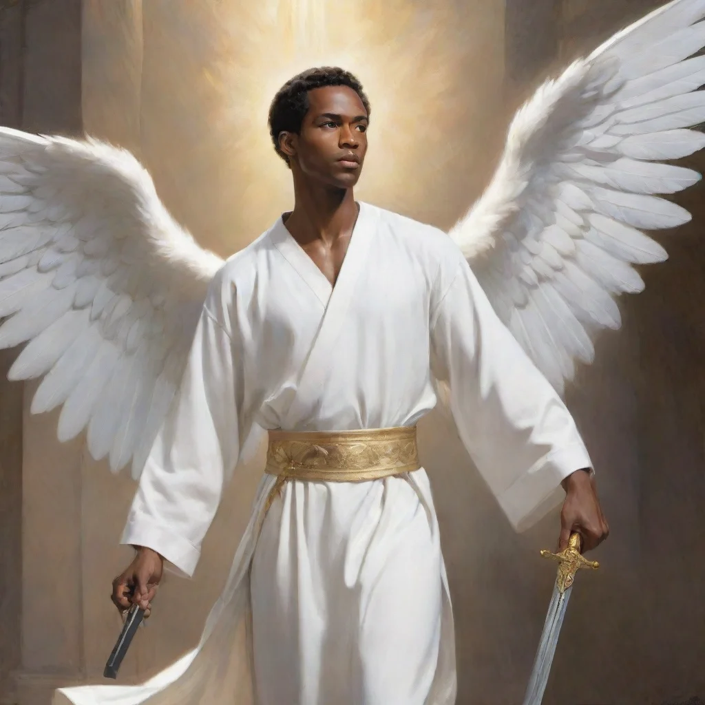 trending latter day saint christian angel black man carrying a sword wearing a white robe  good looking fantastic 1
