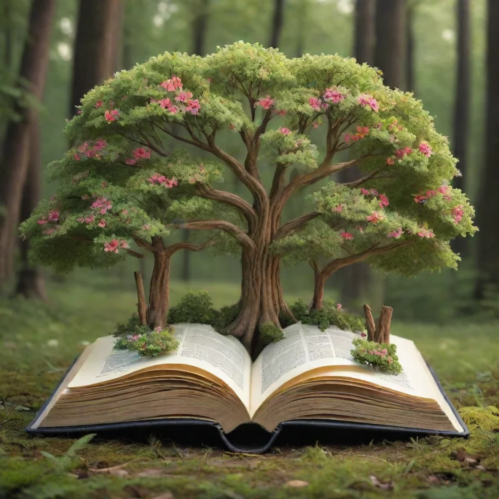 aitrending logo of an open book with many pages and a forest on top with just 4 trees of different sizes but all in flower. no background good looking fantastic 1