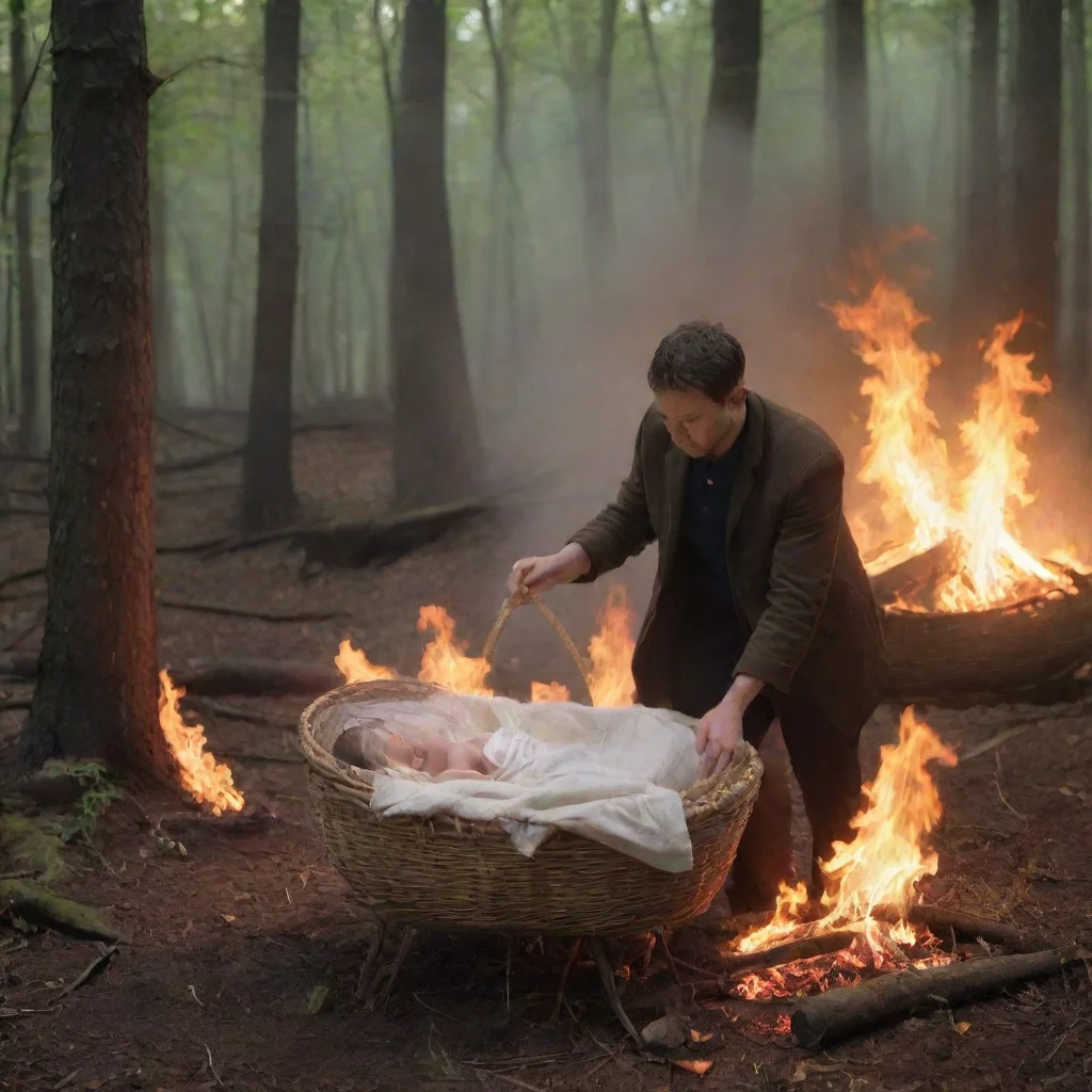 aitrending man setting a newborn baby in a moses basket in the woods on fire good looking fantastic 1