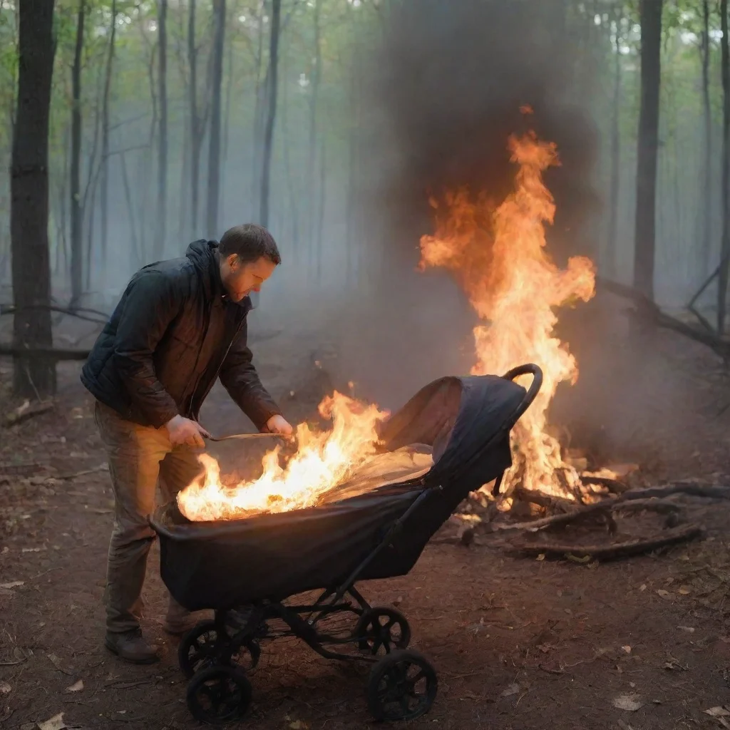 trending man setting a newborn baby in a stroller in the woods on fire good looking fantastic 1