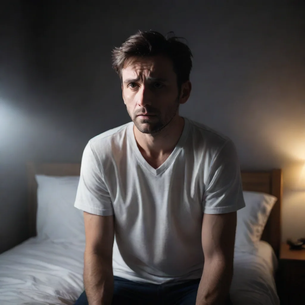 aitrending man that looks anxious and stressed in his bedroom its dark and theres a magic white light coming from nowhere shining on him  good looking fantastic 1