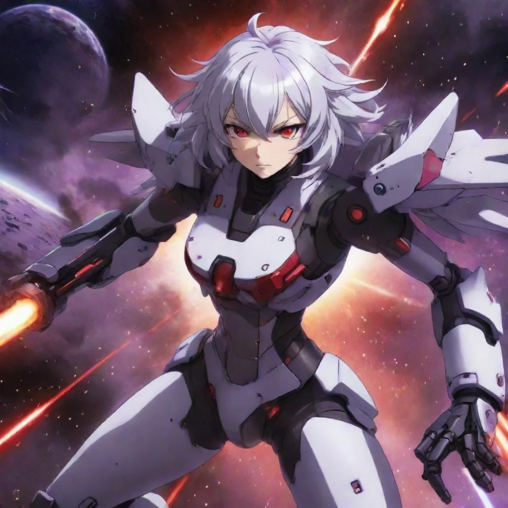 trending mecha pilot purple red eyes short silver hair anime space background battlecruiser lasers explosions fighting good looking fantastic 1