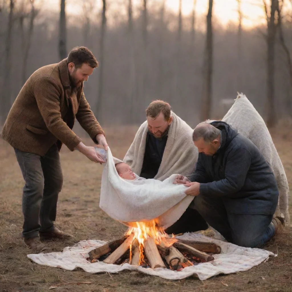 aitrending men putting a newborn baby in a blanket on a bonfire good looking fantastic 1