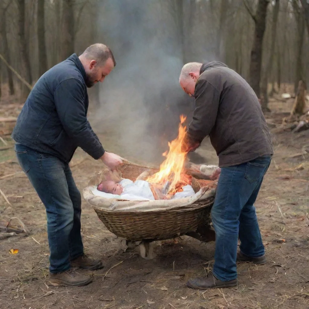 aitrending men putting a newborn baby in a moses basket on a bonfire good looking fantastic 1