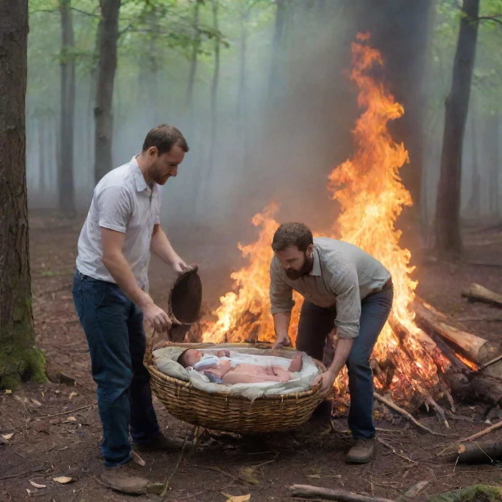 trending men setting a newborn baby in a moses basket in the woods on fire good looking fantastic 1