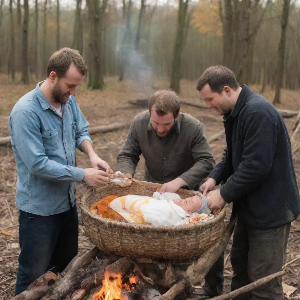 trending men setting a newborn baby in a moses basket on a bonfire good looking fantastic 1