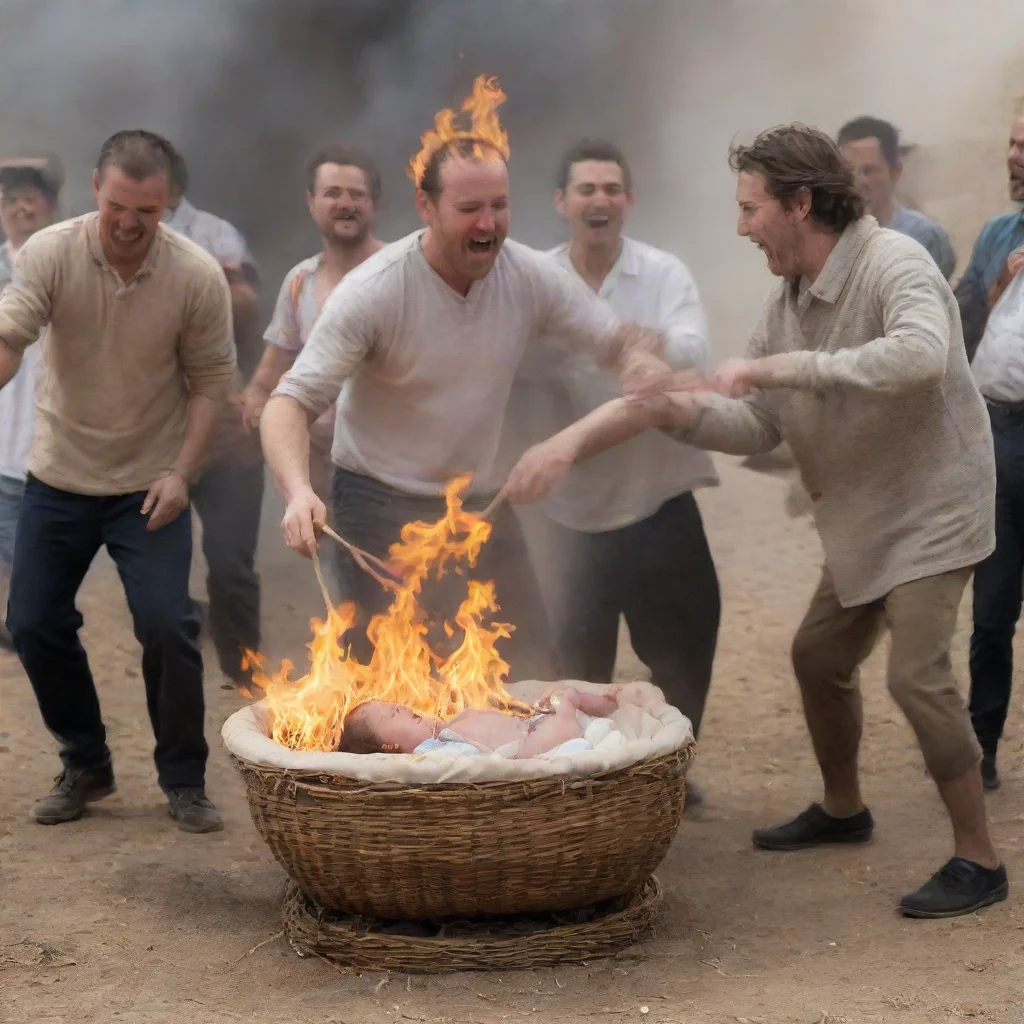trending men setting a newborn baby in a moses basket on fire while other people laugh good looking fantastic 1