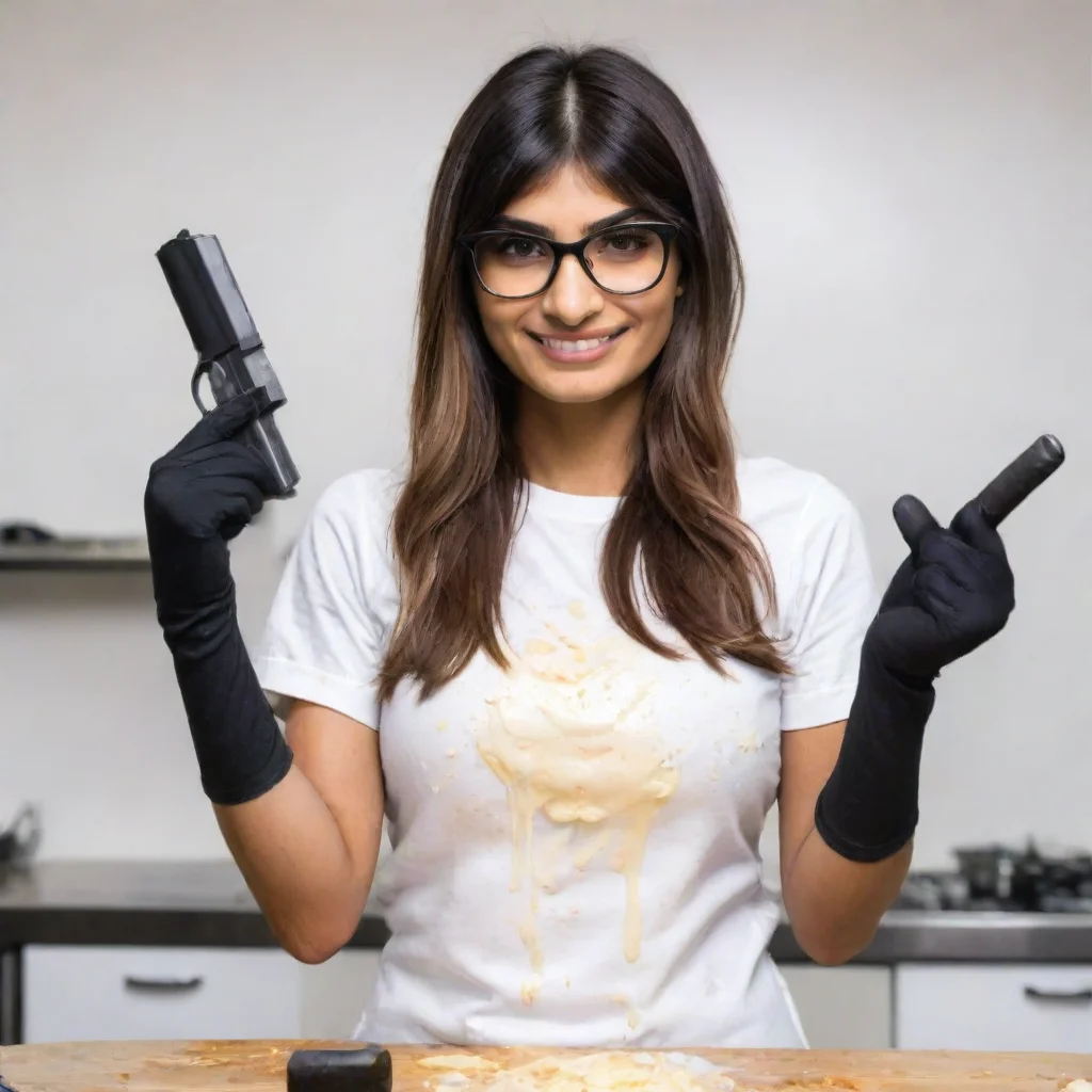 trending mia khalifa smiling with  black gloves shooting splatters of mayonnaise out a gun good looking fantastic 1
