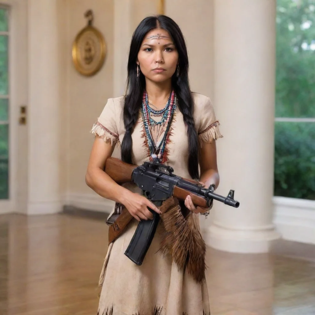 trending native american apache lady holding an ak47 taking over the white house. good looking fantastic 1