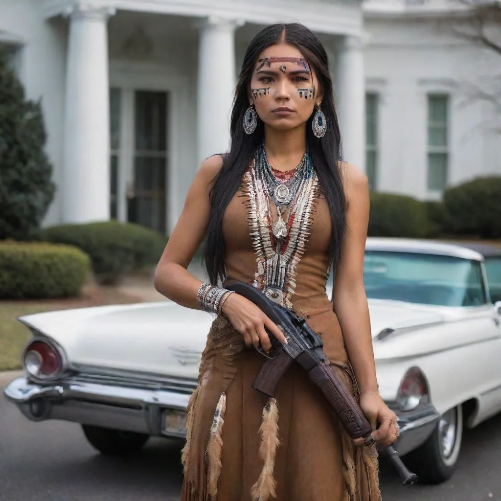 trending native american apache lady holding an ak47 taking over the white house. smoking a blunt. with a 1959 cadillac in the driveway. good looking fantastic 1