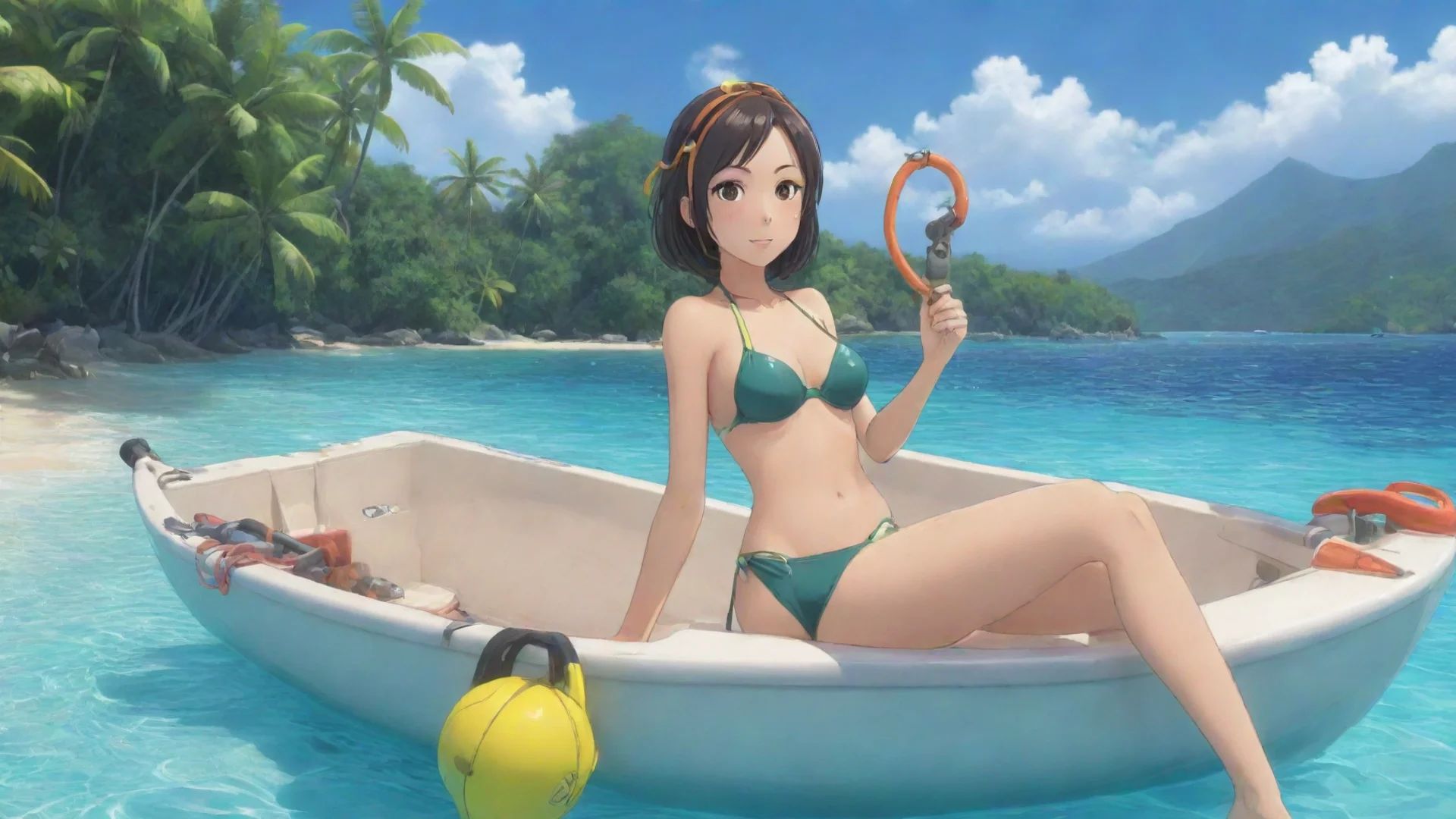 aitrending one anime cartoon woman sitting in a boat with snorkling equipment in their hand. you can see the tropical beach in the background good looking fantastic 1 hdwidescreen