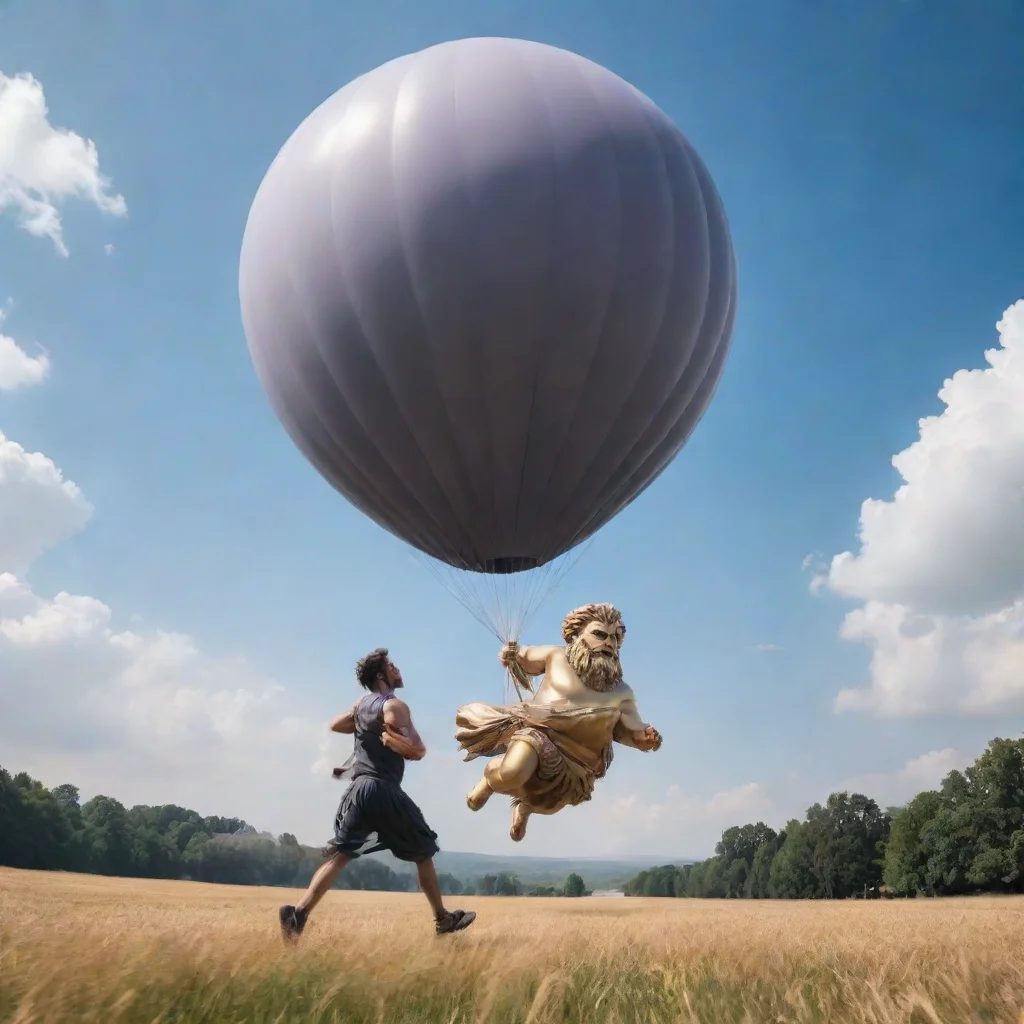 trending person running fast under a detailed balloon that looks majestic and filled with zeus. good looking fantastic 1