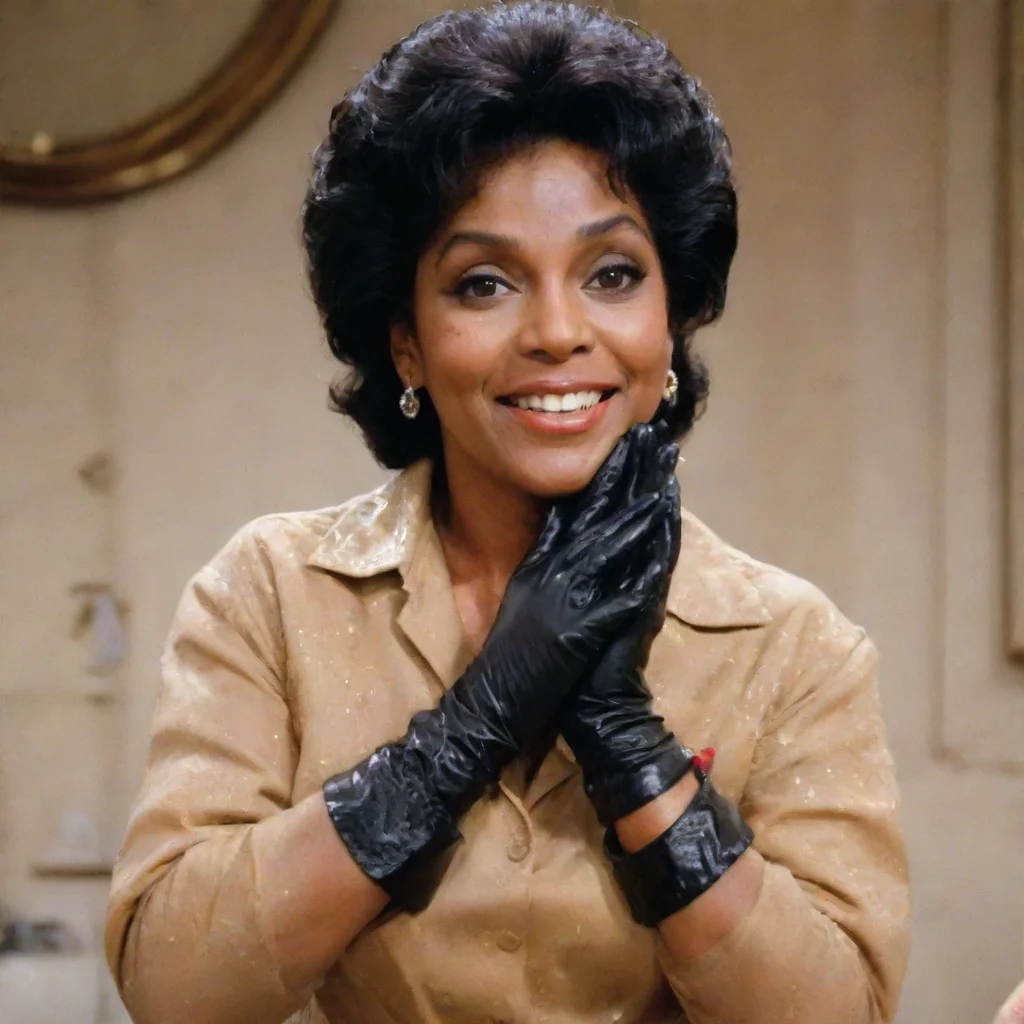 trending phylicia rashad as clair huxtable from the cosby show smiling  with black deluxe edition nitrile gloves and gun and mayonnaise splattered everywhere good looking fantastic 1