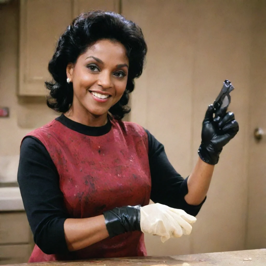trending phylicia rashad as clair huxtable from the cosby show smiling  with black tough nitrile gloves and gun and mayonnaise splattered everywhere good looking fantastic 1