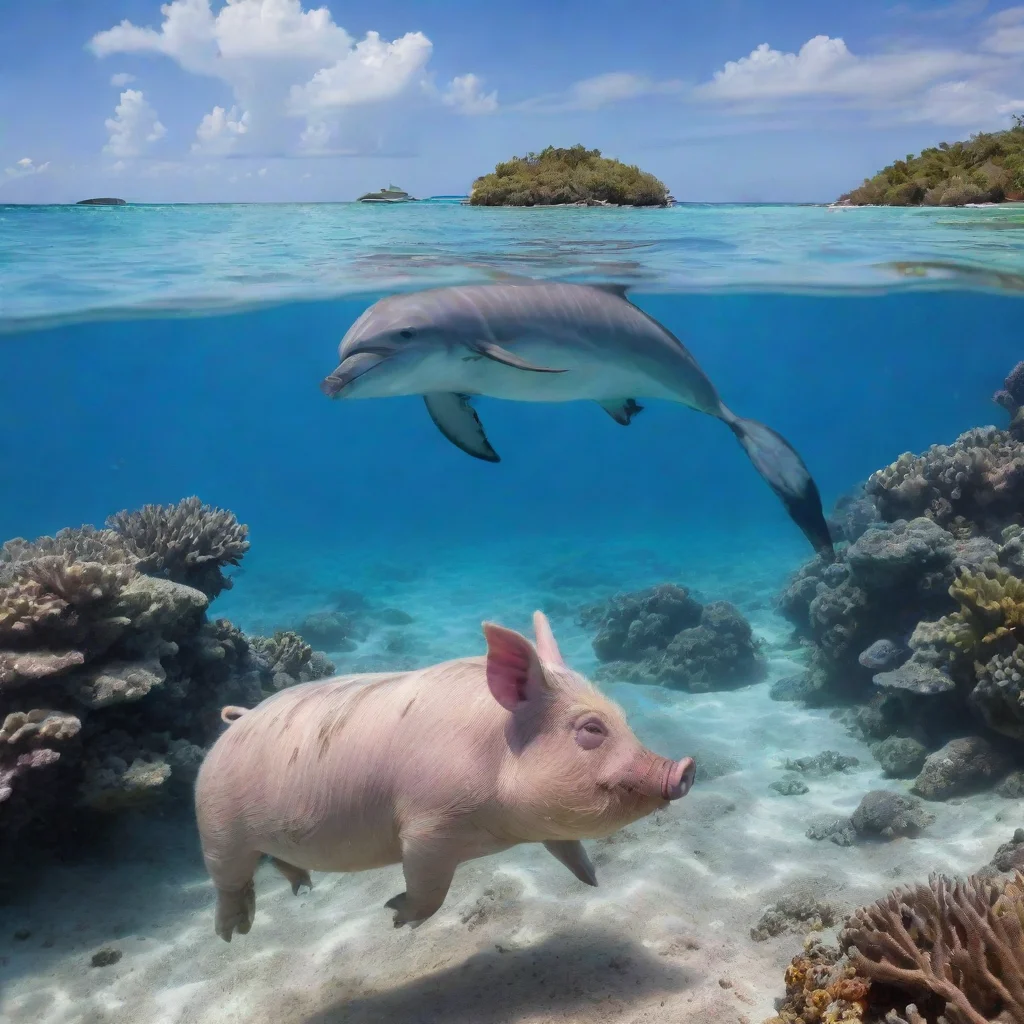 trending pig on top dolphin near a coral reef by the beach good looking fantastic 1