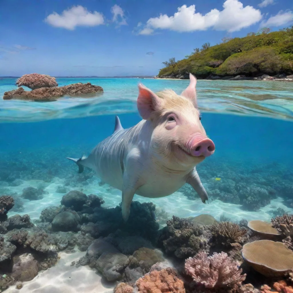 trending pig rides dolphin near a coral reef by the beach good looking fantastic 1