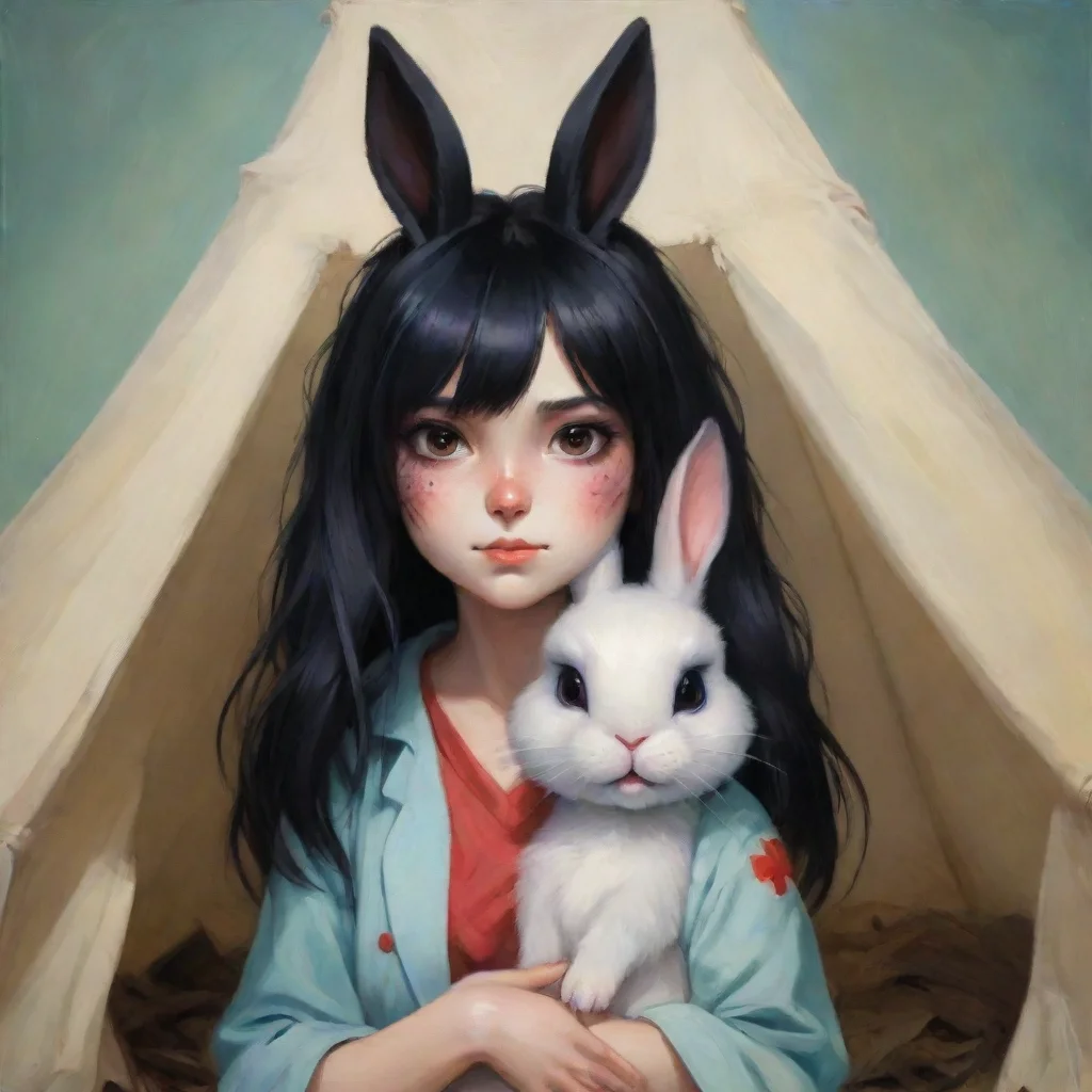 aitrending portrait cute wounded anthropomorphic black haired rabbit woman medical tent good looking fantastic 1