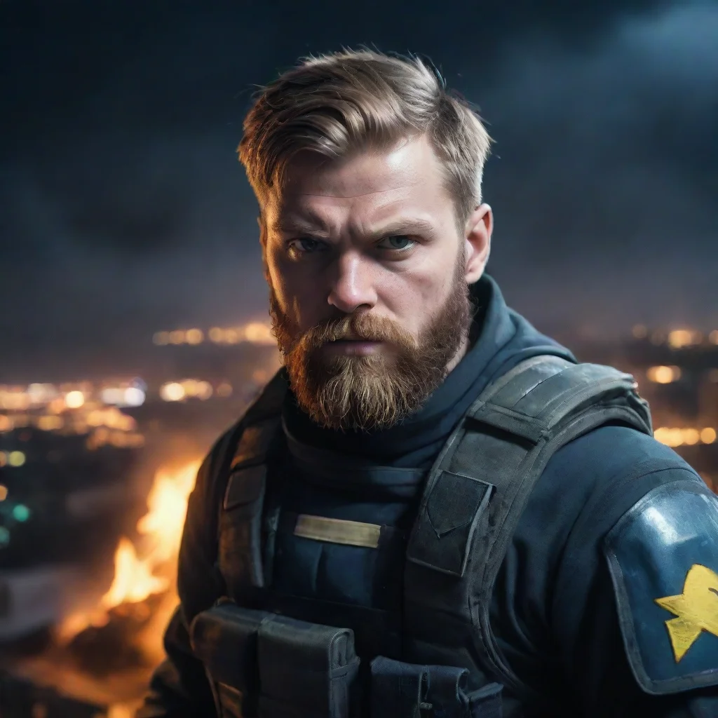 trending portrait of a young angry bearded swedish space soldier staring at viewer burning city in background nighttime good looking fantastic 1