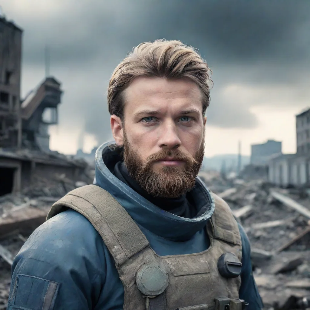 trending portrait of a young swedish space soldier with beard. alien city in rubbles in background. good looking fantastic 1