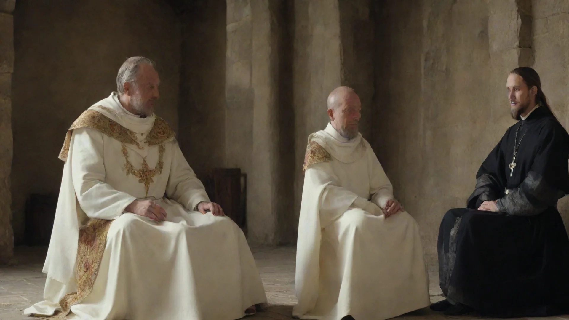 trending priest and medieval king sit and talk  good looking fantastic 1 wide