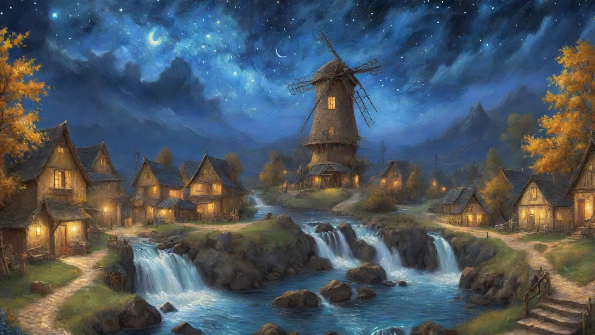 trending relaxing art wonderful vah gogh stary night windmill village waterfall good looking fantastic 1 hdwidescreen