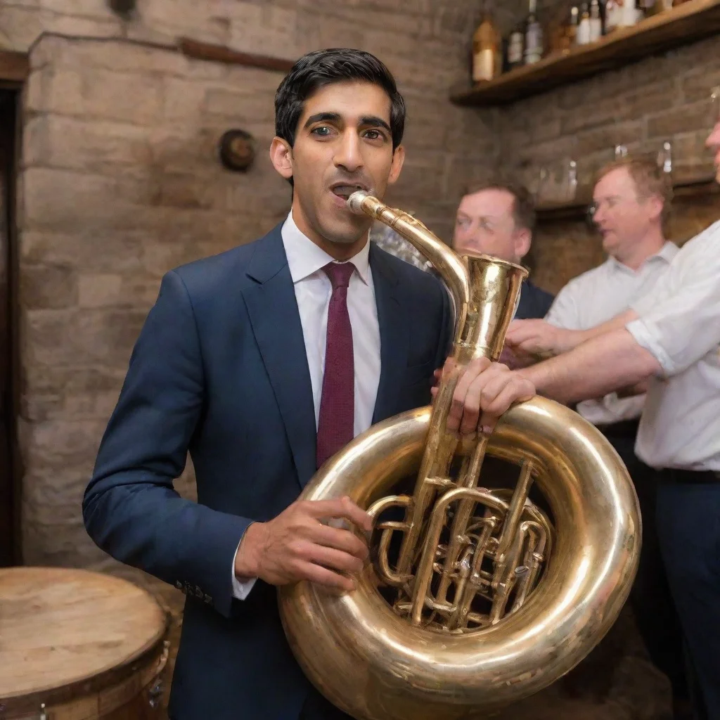 trending rishi sunak playing a tuba surrounded by pints of ale good looking fantastic 1
