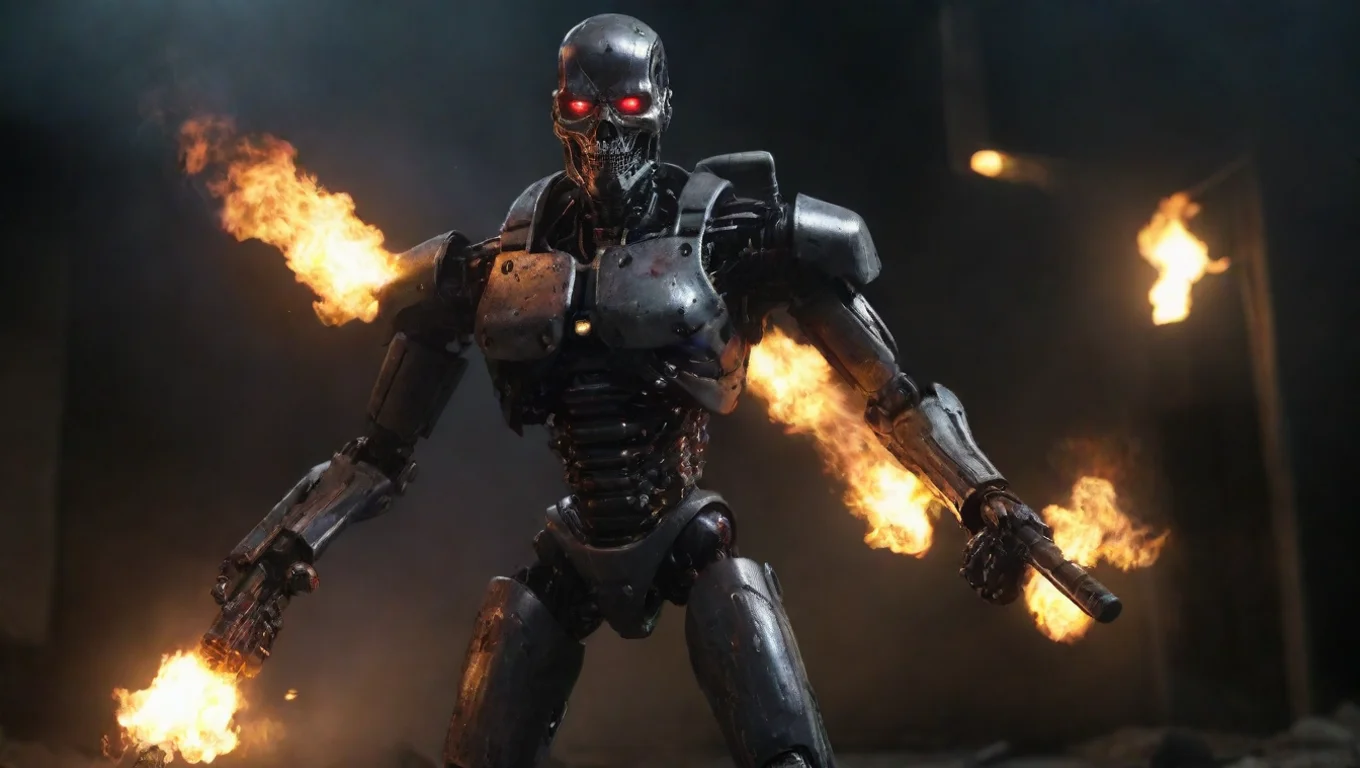 aitrending robotic terminator agent with flamethrower dark horror vibe hd detailed good looking fantastic 1 widescreen