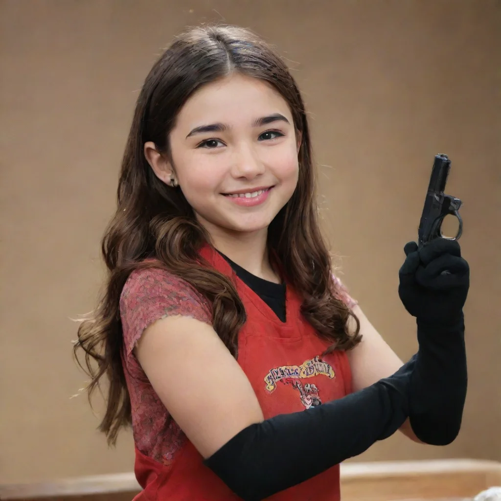 trending rowan blanchard as riley mathews from girl meets world smiling with black gloves and gun shooting mayonnaise good looking fantastic 1