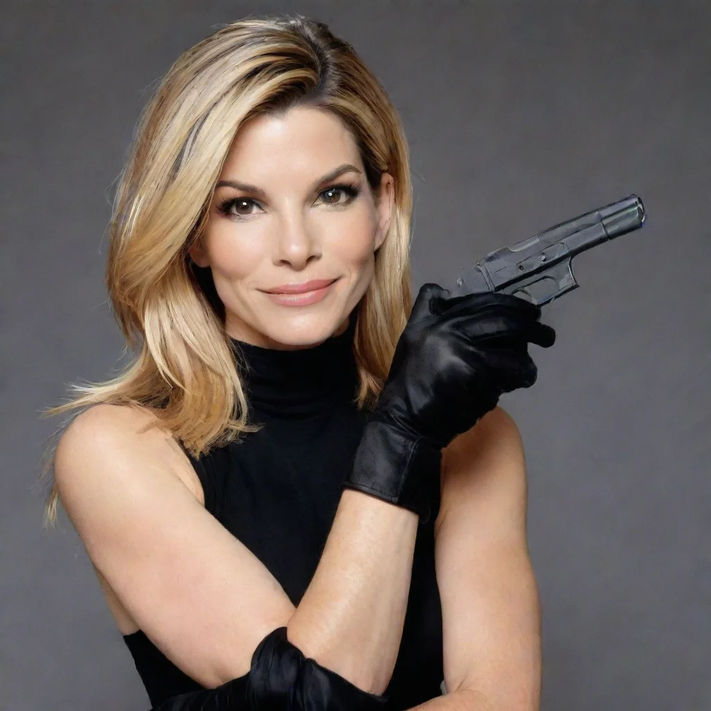 trending sandra bullock blonde hair smiling   with black gloves and gun shooting  mayonnaise good looking fantastic 1