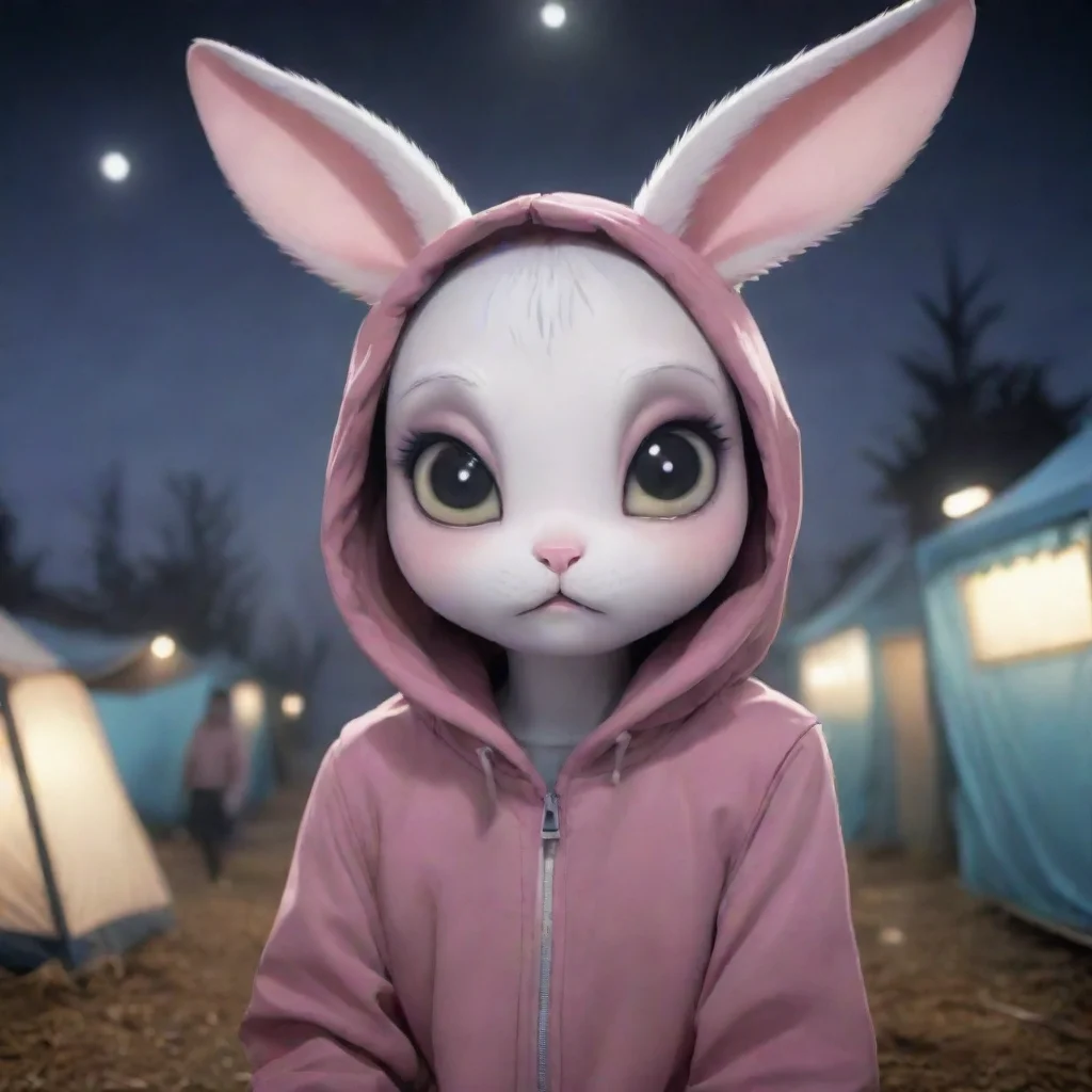 aitrending scared feminine anthropomorphic alien rabbit refugee camp nighttime anime style good looking fantastic 1