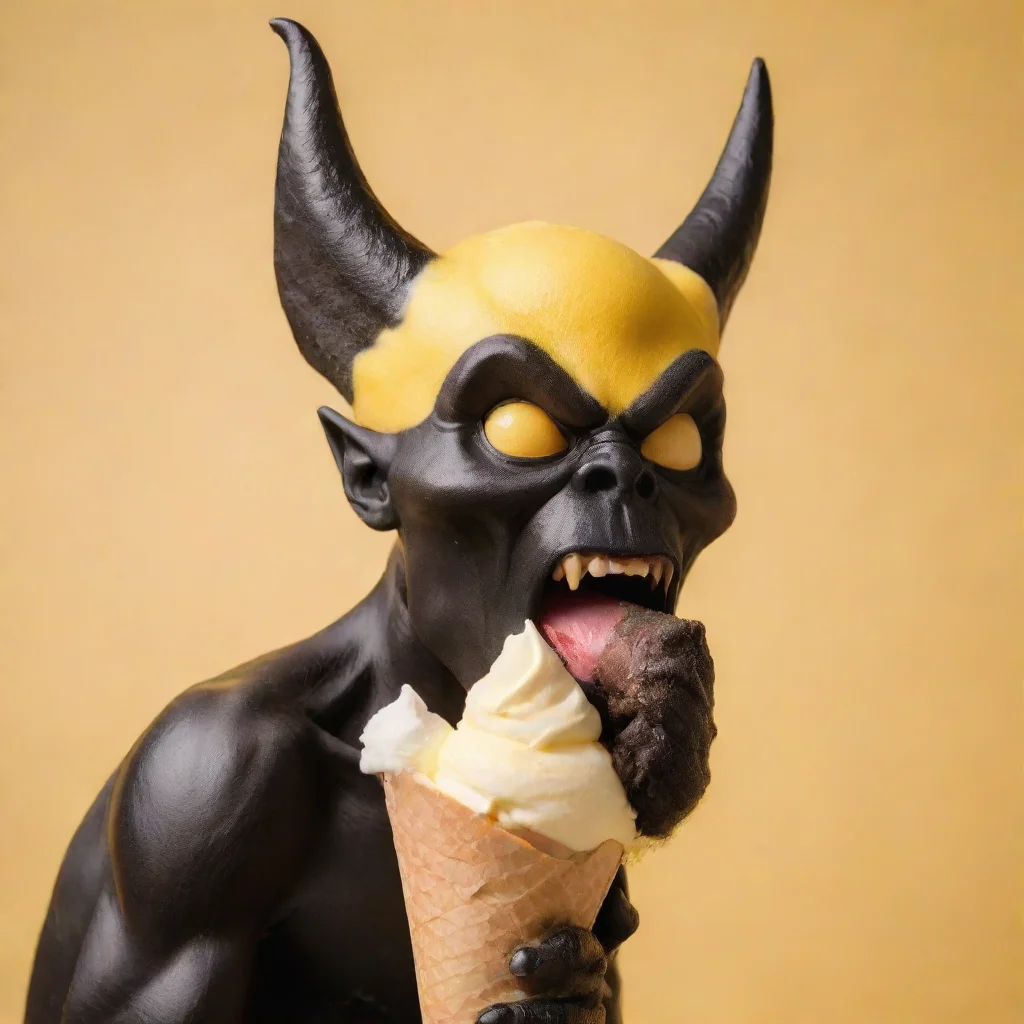 aitrending side angle of a black devil licking a vanilla icecream cone with yellow background  good looking fantastic 1