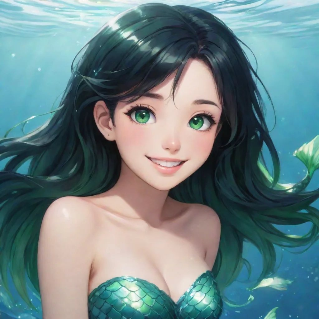 trending smiling anime anime mermaid with black hair and green eyes good looking fantastic 1
