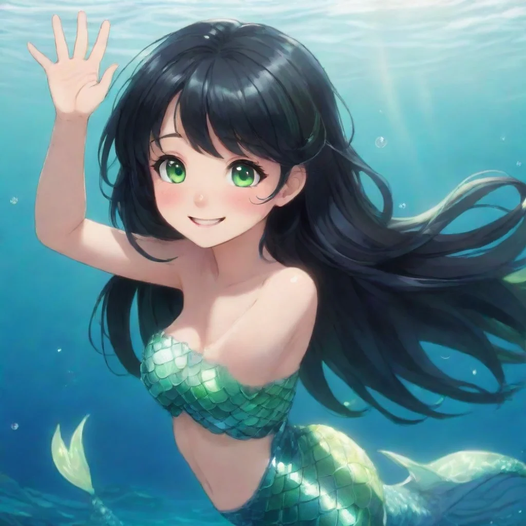 trending smiling anime anime mermaid with black hair and green eyes waving good looking fantastic 1