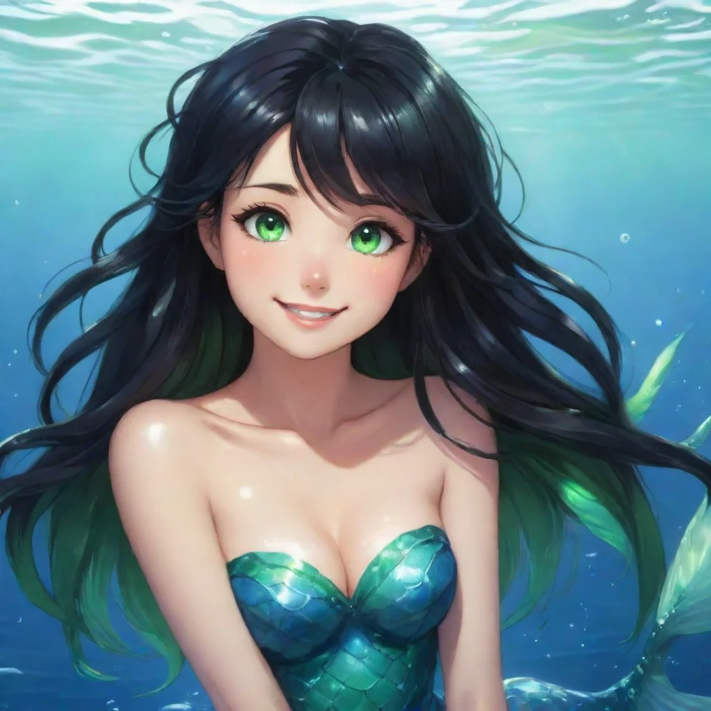 trending smiling anime mermaid black hair green eyes good looking fantastic 1
