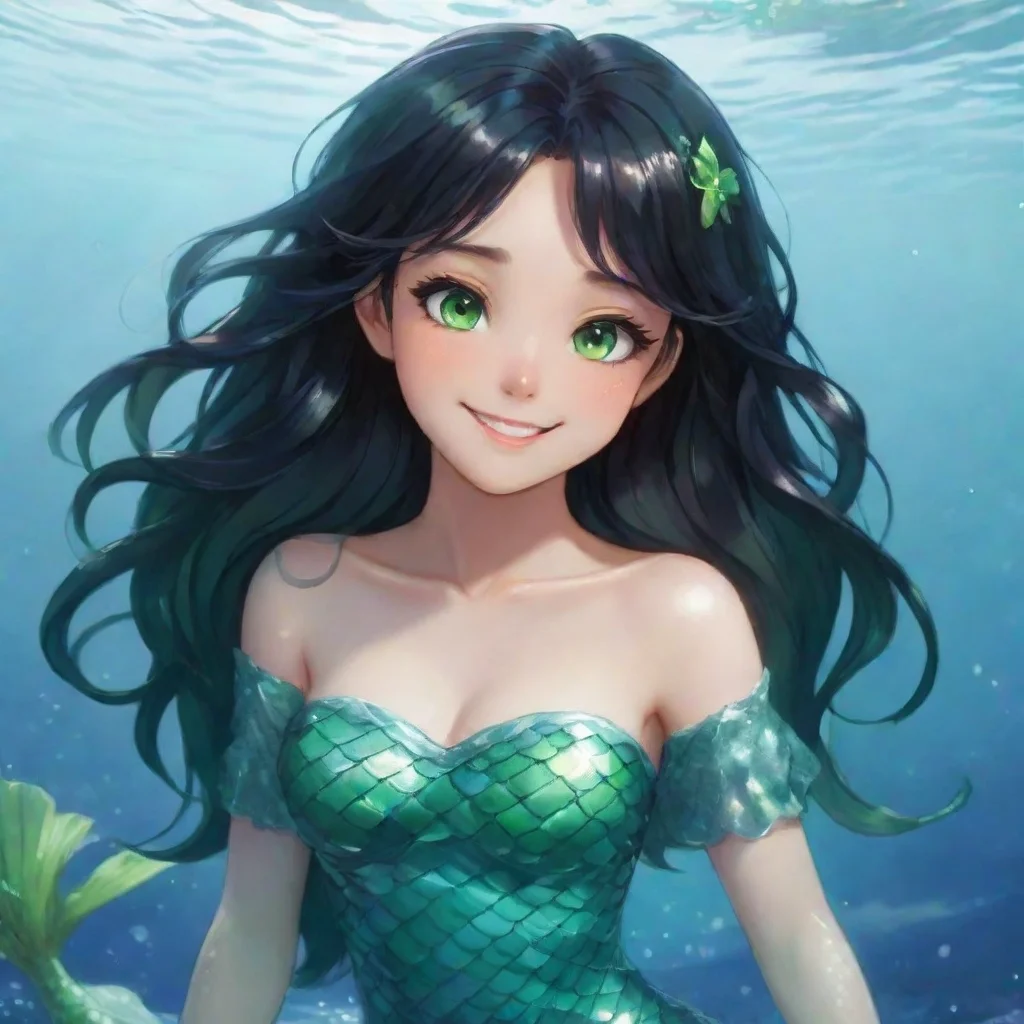 trending smiling anime mermaid with black hair and green eyes good looking fantastic 1