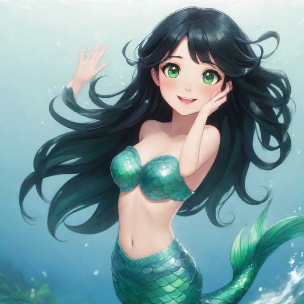 trending smiling anime mermaid with black hair and green eyes waving good looking fantastic 1
