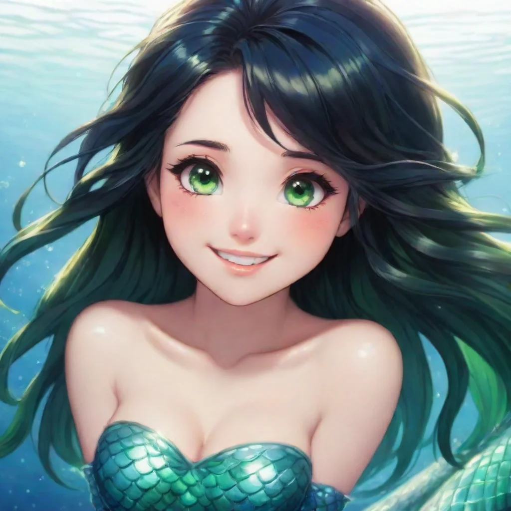 trending smilng anime mermaid with black hair and green eyes blushing good looking fantastic 1