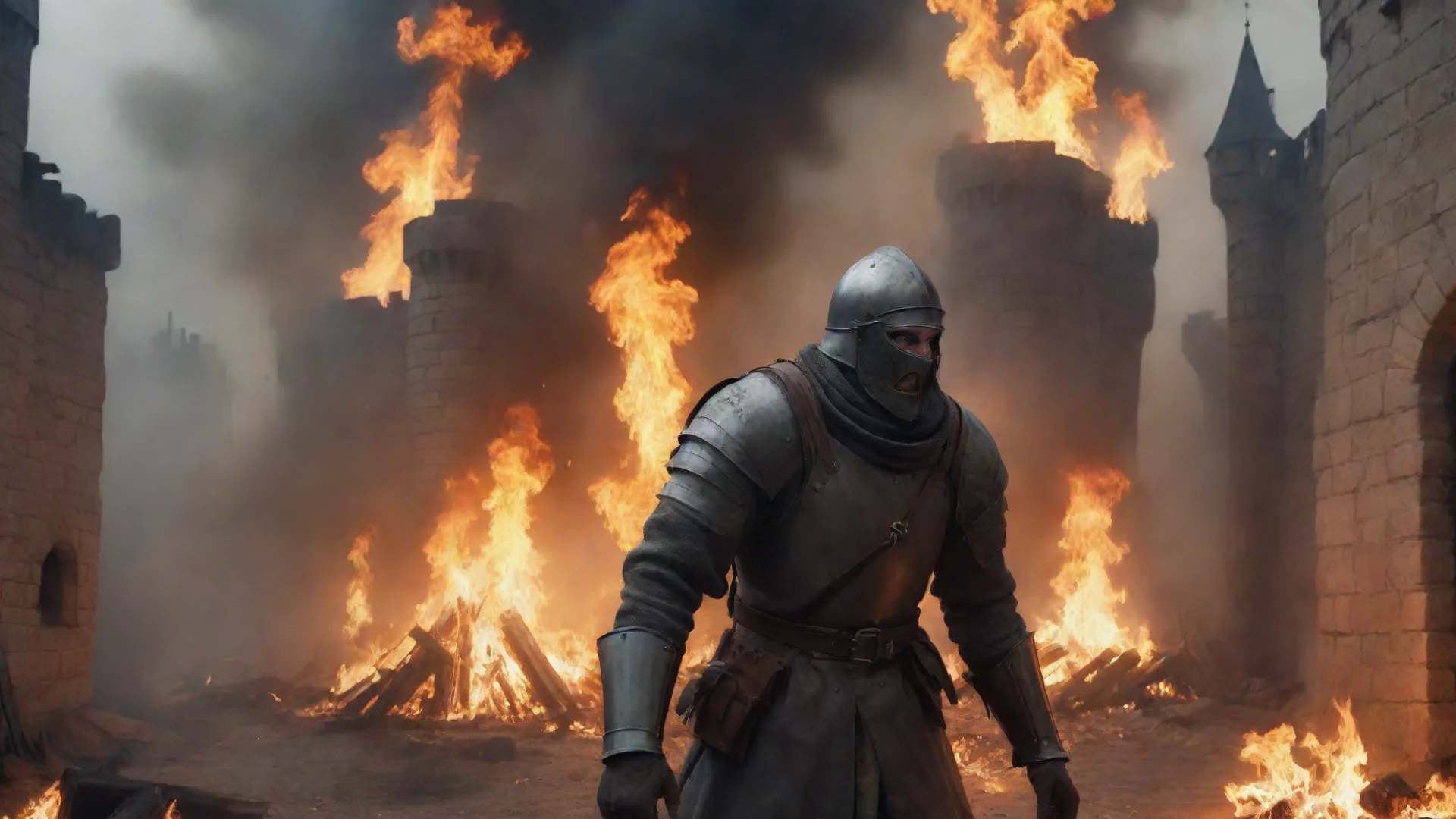 aitrending soldier in a medieval siege scared of the fire spell good looking fantastic 1 wide
